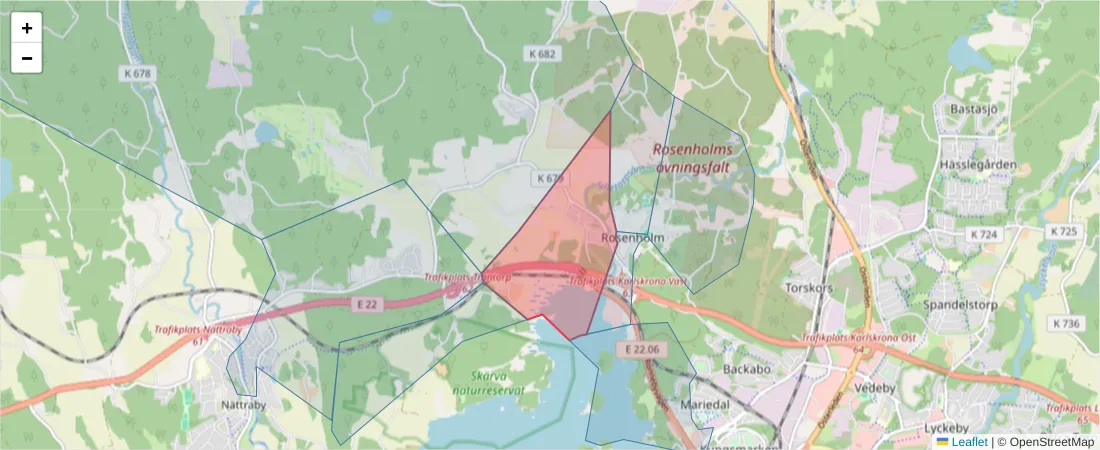 Karta över postnummerområdet  och angränsande postnummer i Sverige