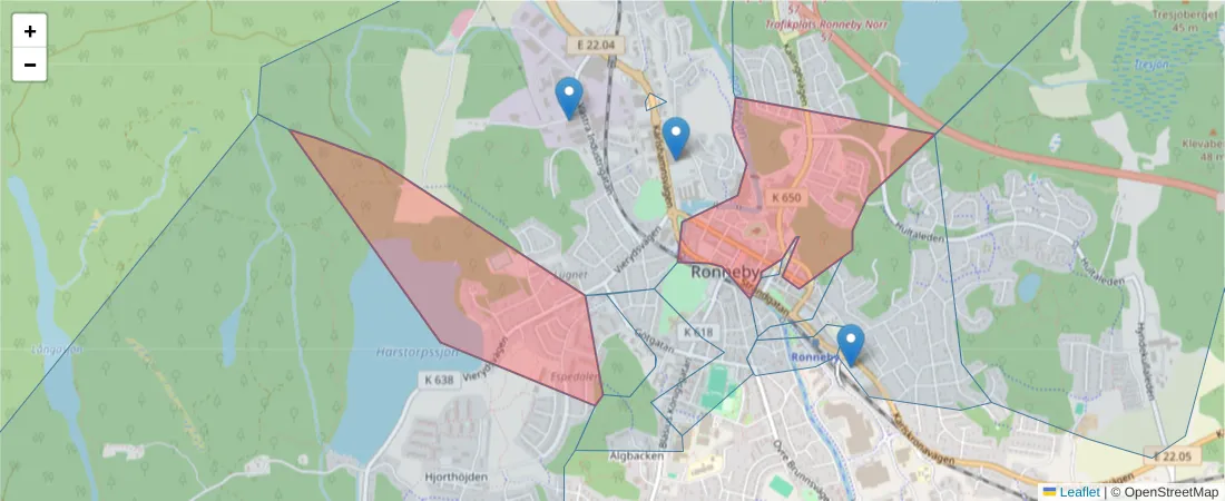 Karta över postnummerområdet  och angränsande postnummer i Sverige