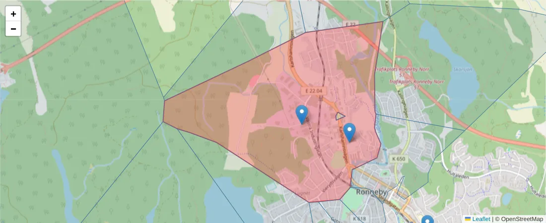 Karta över postnummerområdet  och angränsande postnummer i Sverige