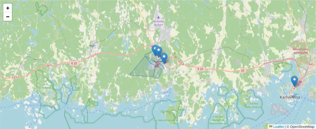 Karta över postnummerområdet  och angränsande postnummer i Sverige