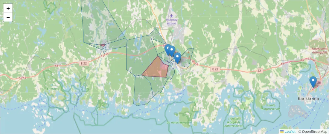 Karta över postnummerområdet  och angränsande postnummer i Sverige