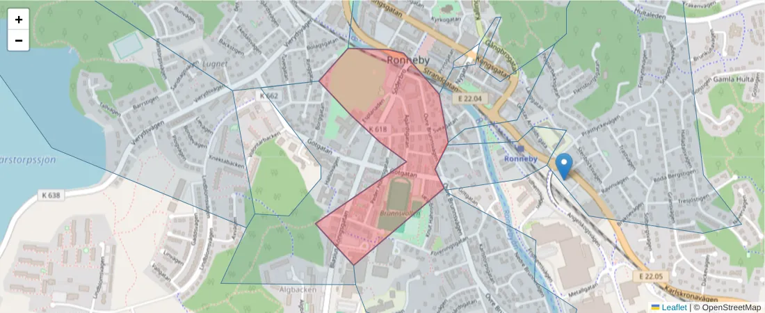 Karta över postnummerområdet  och angränsande postnummer i Sverige