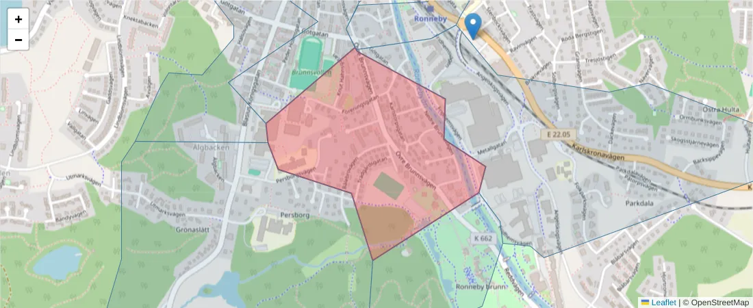 Karta över postnummerområdet  och angränsande postnummer i Sverige