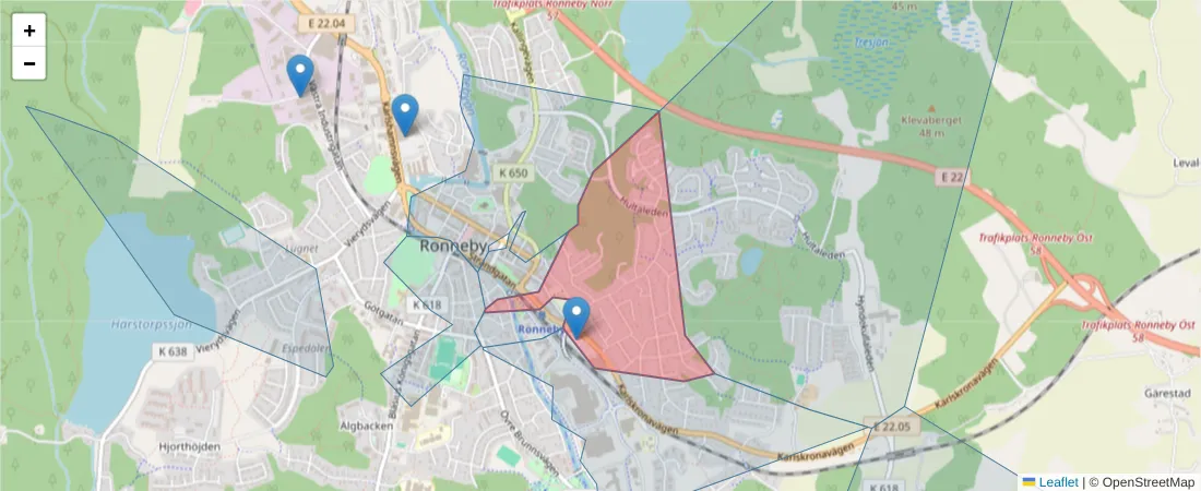 Karta över postnummerområdet  och angränsande postnummer i Sverige
