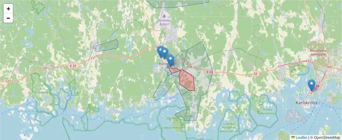Karta över postnummerområdet  och angränsande postnummer i Sverige