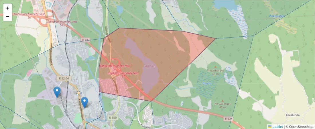 Karta över postnummerområdet  och angränsande postnummer i Sverige