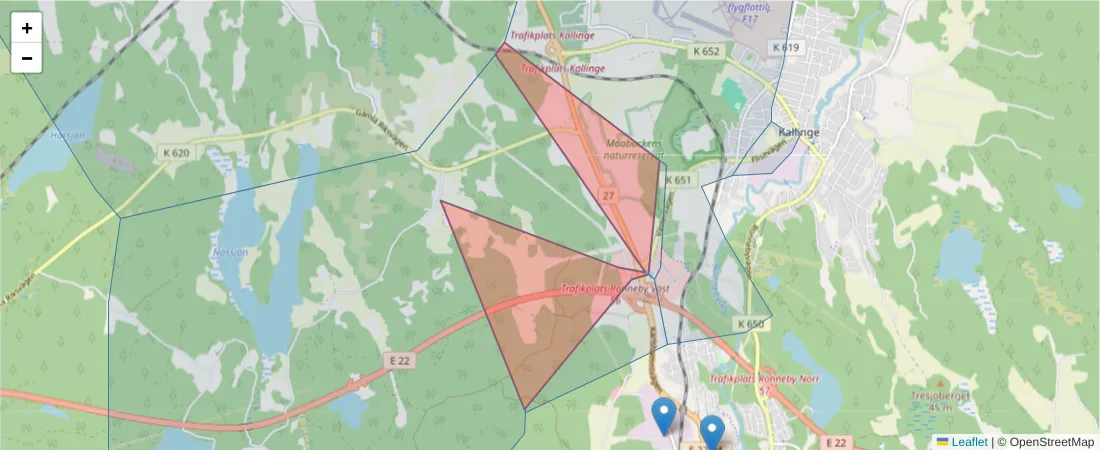 Karta över postnummerområdet  och angränsande postnummer i Sverige