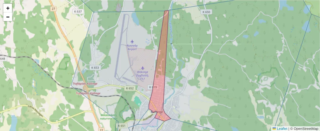 Karta över postnummerområdet  och angränsande postnummer i Sverige
