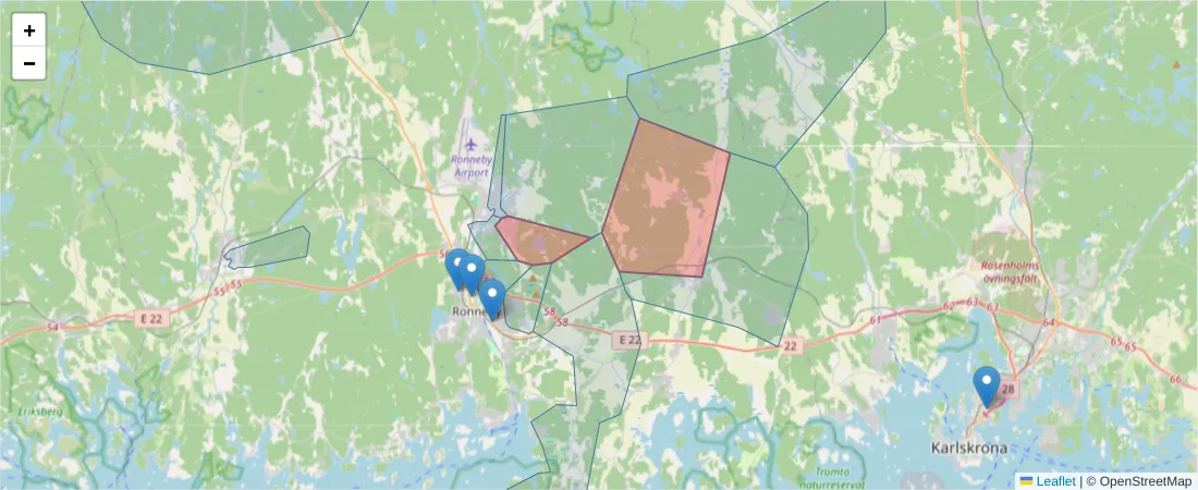 Karta över postnummerområdet  och angränsande postnummer i Sverige