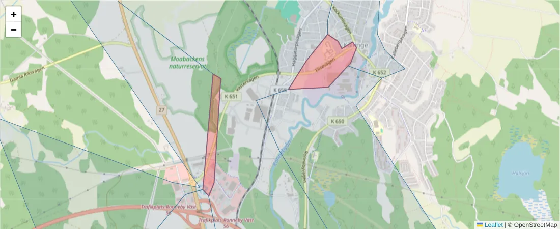 Karta över postnummerområdet  och angränsande postnummer i Sverige