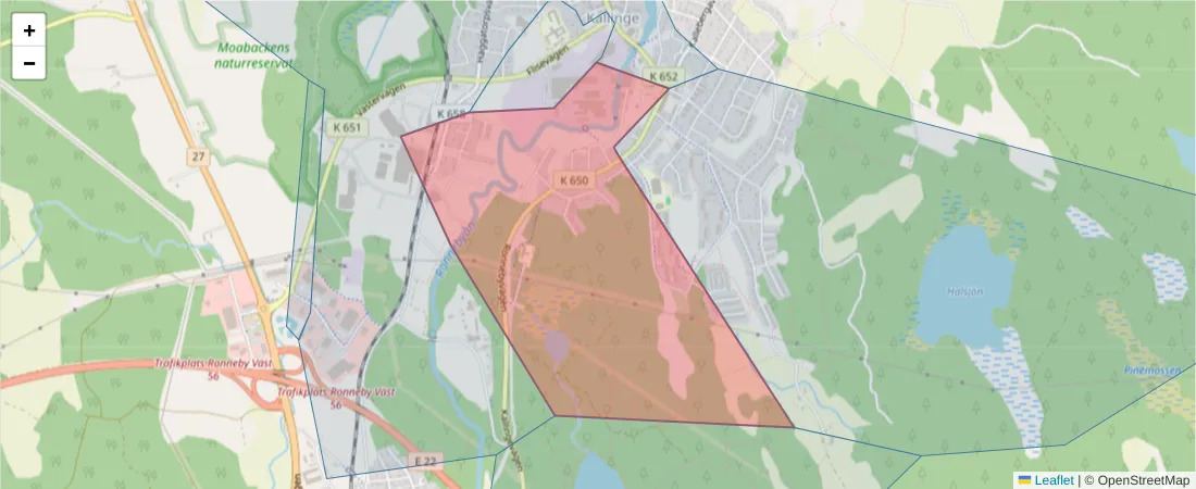 Karta över postnummerområdet  och angränsande postnummer i Sverige