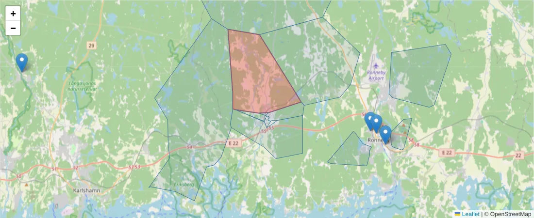 Karta över postnummerområdet  och angränsande postnummer i Sverige