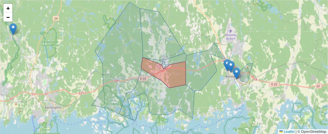 Karta över postnummerområdet  och angränsande postnummer i Sverige