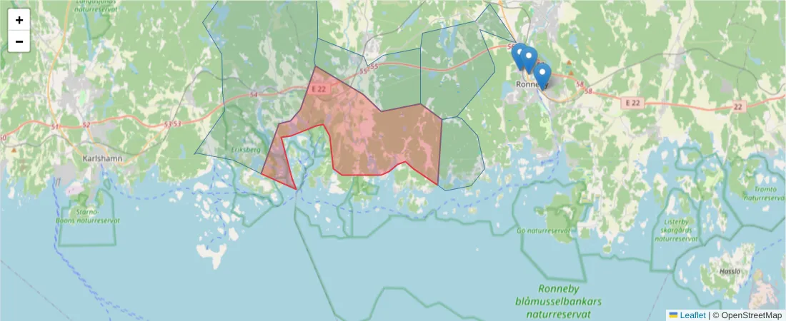Karta över postnummerområdet  och angränsande postnummer i Sverige