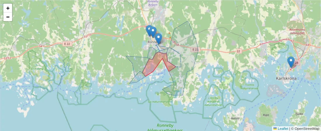Karta över postnummerområdet  och angränsande postnummer i Sverige