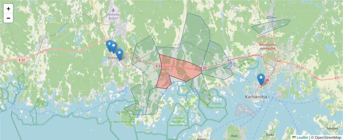 Karta över postnummerområdet  och angränsande postnummer i Sverige