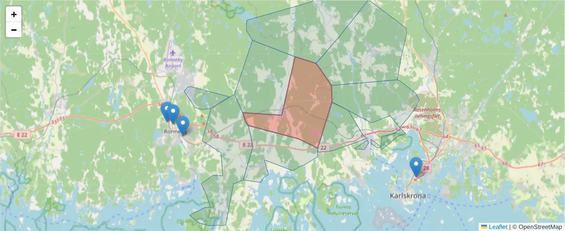 Karta över postnummerområdet  och angränsande postnummer i Sverige