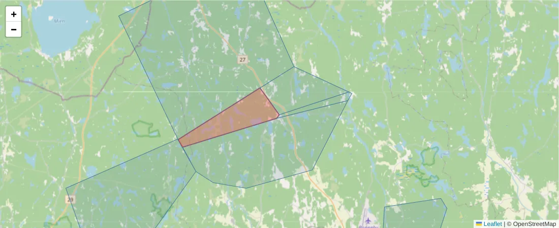 Karta över postnummerområdet  och angränsande postnummer i Sverige
