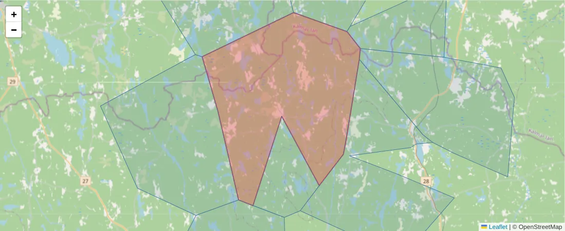 Karta över postnummerområdet  och angränsande postnummer i Sverige