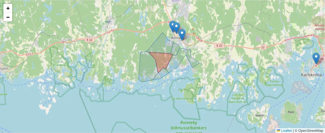 Karta över postnummerområdet  och angränsande postnummer i Sverige