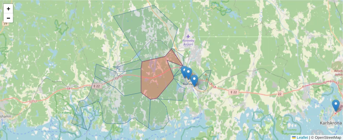 Karta över postnummerområdet  och angränsande postnummer i Sverige