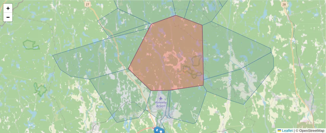 Karta över postnummerområdet  och angränsande postnummer i Sverige