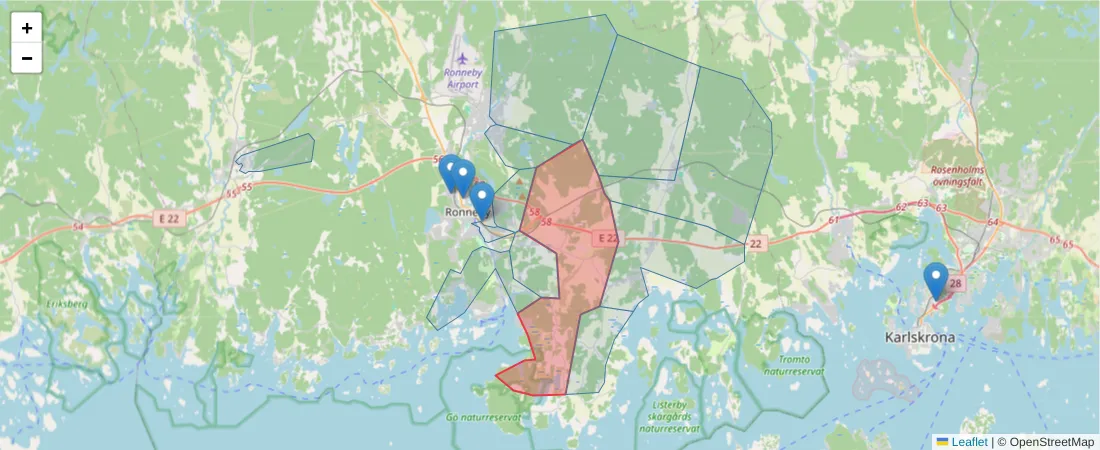 Karta över postnummerområdet  och angränsande postnummer i Sverige