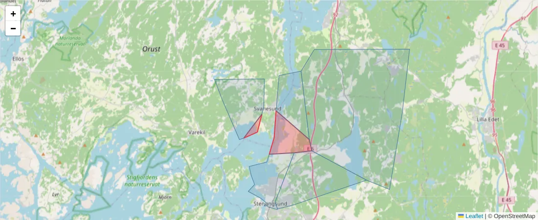 Karta över postnummerområdet  och angränsande postnummer i Sverige
