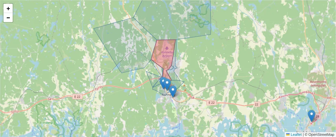 Karta över postnummerområdet  och angränsande postnummer i Sverige