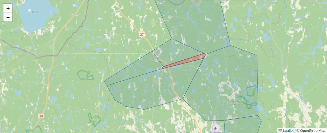 Karta över postnummerområdet  och angränsande postnummer i Sverige