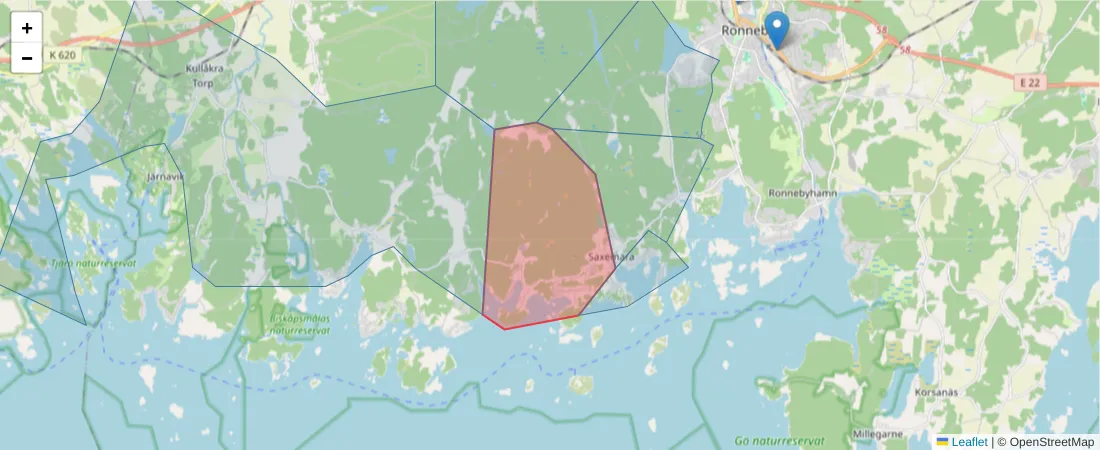 Karta över postnummerområdet  och angränsande postnummer i Sverige