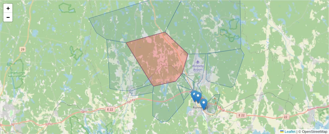 Karta över postnummerområdet  och angränsande postnummer i Sverige