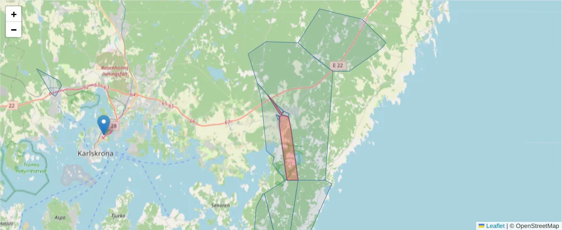 Karta över postnummerområdet  och angränsande postnummer i Sverige