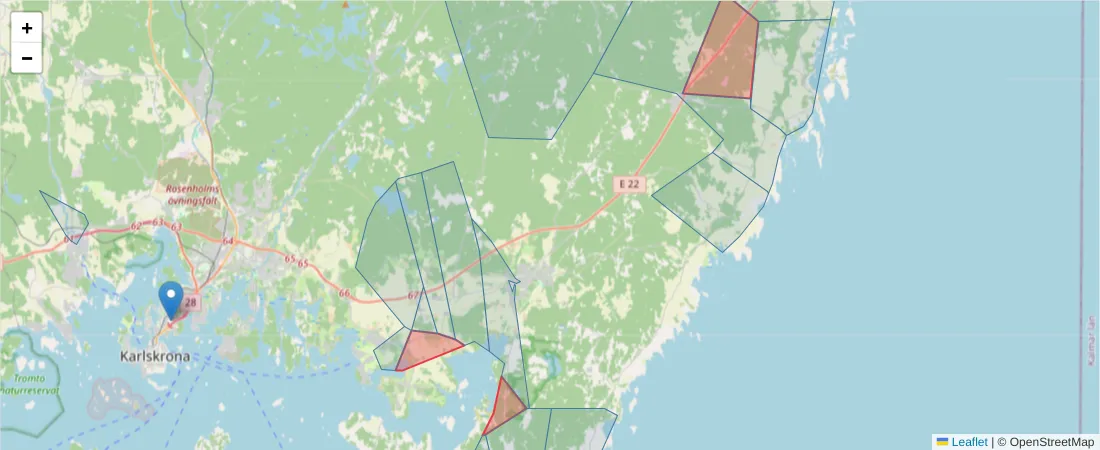 Karta över postnummerområdet  och angränsande postnummer i Sverige
