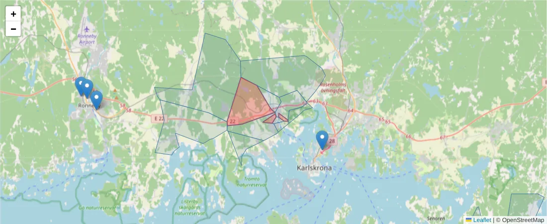 Karta över postnummerområdet  och angränsande postnummer i Sverige