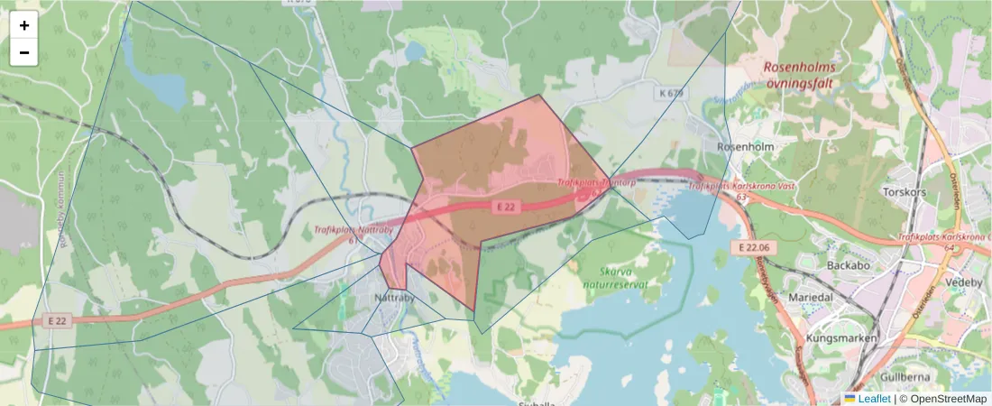 Karta över postnummerområdet  och angränsande postnummer i Sverige