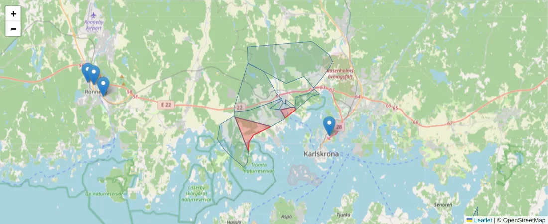 Karta över postnummerområdet  och angränsande postnummer i Sverige