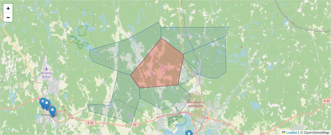 Karta över postnummerområdet  och angränsande postnummer i Sverige