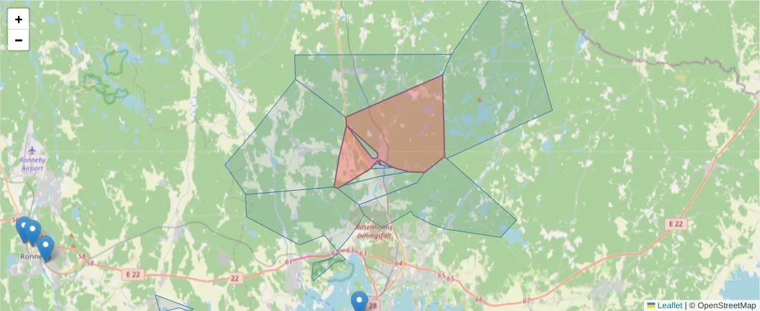 Karta över postnummerområdet  och angränsande postnummer i Sverige
