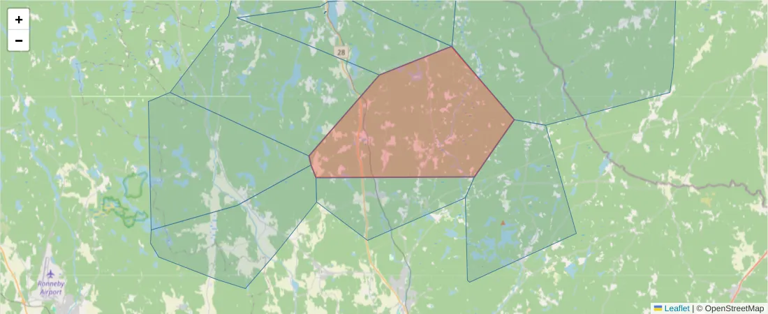 Karta över postnummerområdet  och angränsande postnummer i Sverige