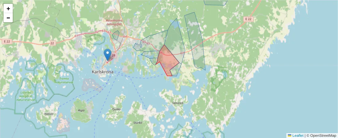 Karta över postnummerområdet  och angränsande postnummer i Sverige