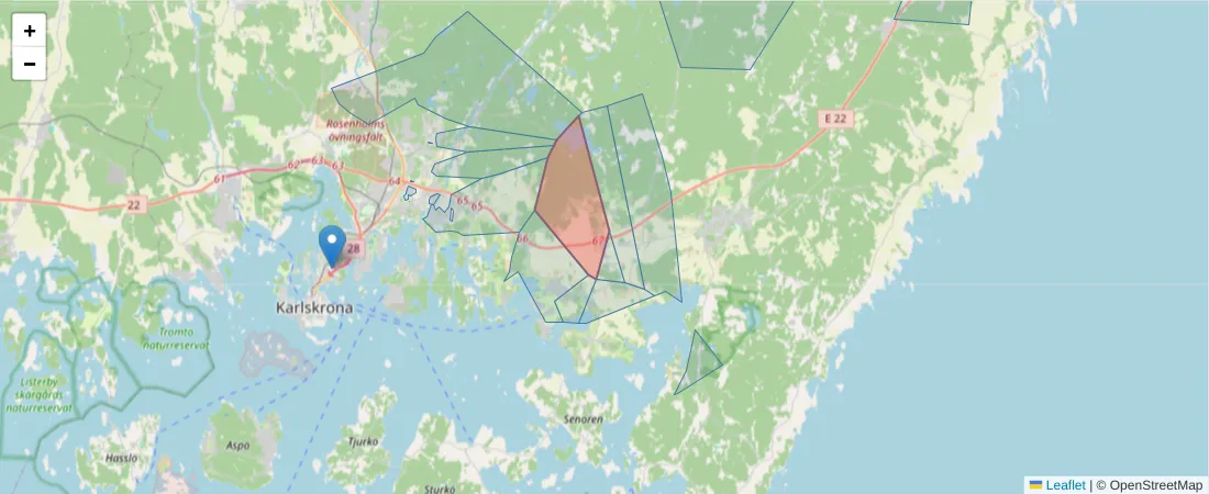 Karta över postnummerområdet  och angränsande postnummer i Sverige