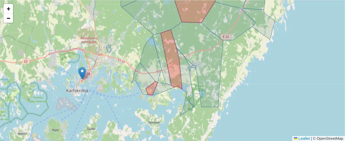 Karta över postnummerområdet  och angränsande postnummer i Sverige