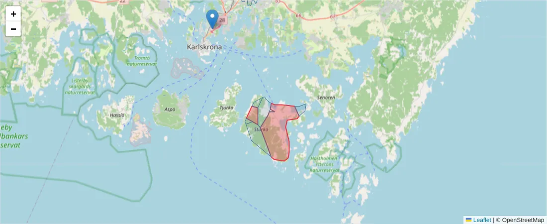Karta över postnummerområdet  och angränsande postnummer i Sverige