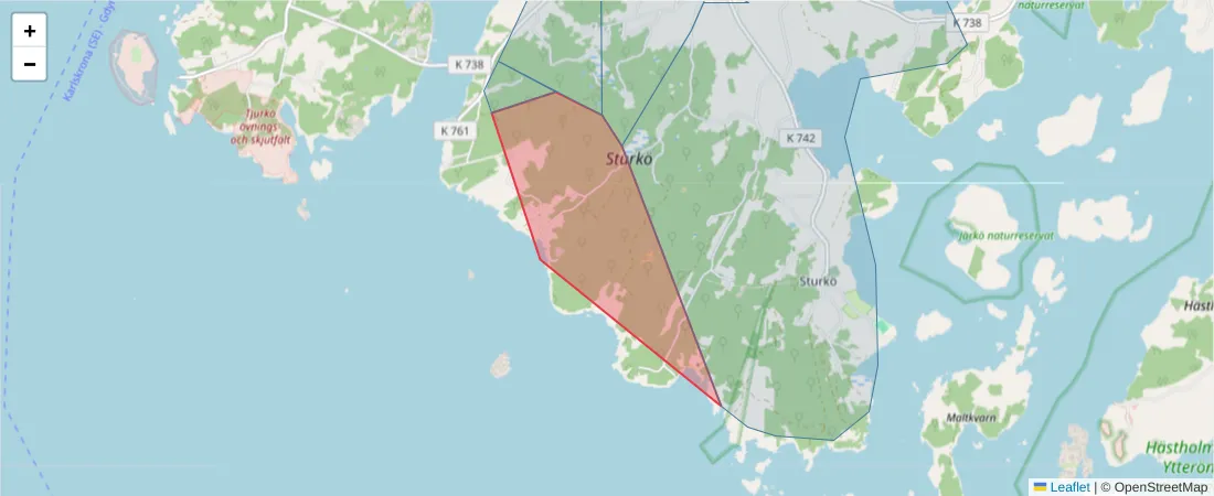 Karta över postnummerområdet  och angränsande postnummer i Sverige