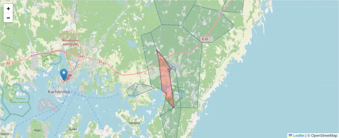 Karta över postnummerområdet  och angränsande postnummer i Sverige