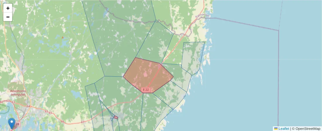 Karta över postnummerområdet  och angränsande postnummer i Sverige
