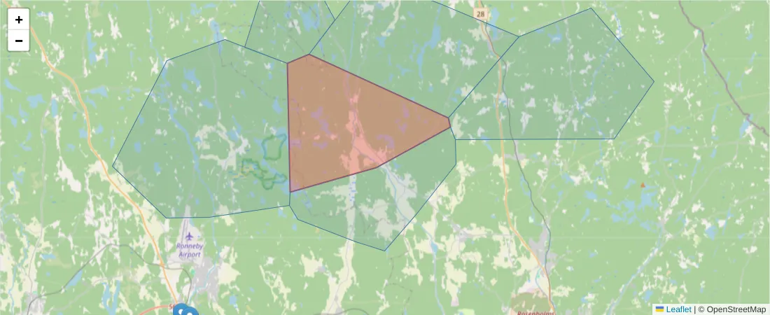 Karta över postnummerområdet  och angränsande postnummer i Sverige