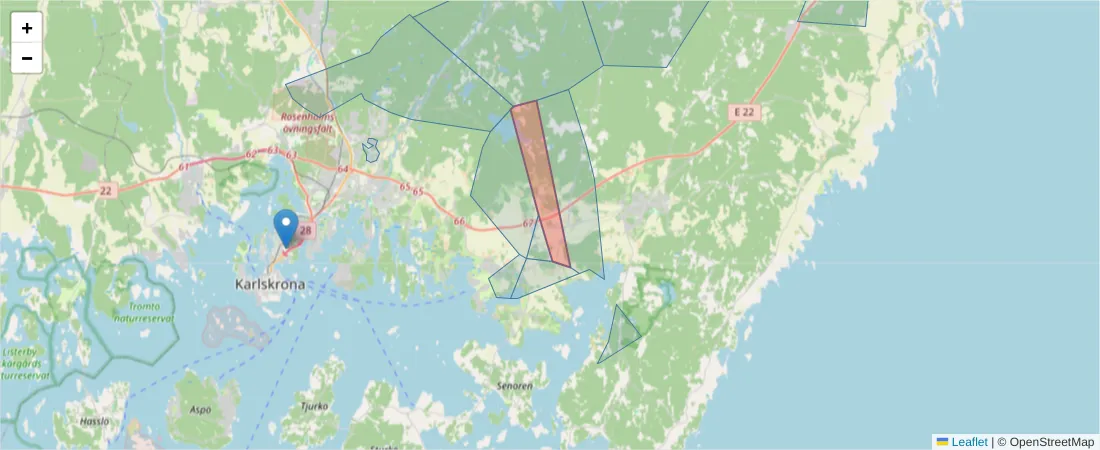 Karta över postnummerområdet  och angränsande postnummer i Sverige