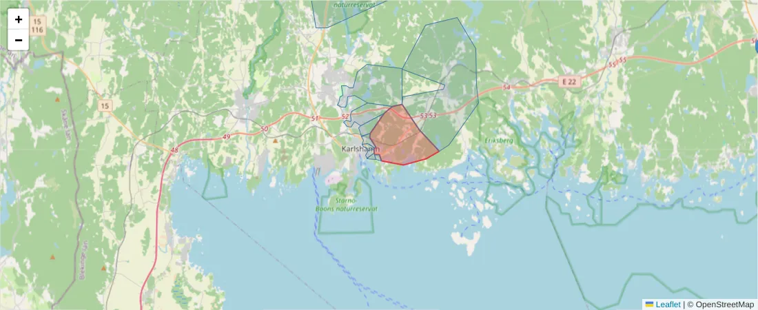 Karta över postnummerområdet  och angränsande postnummer i Sverige
